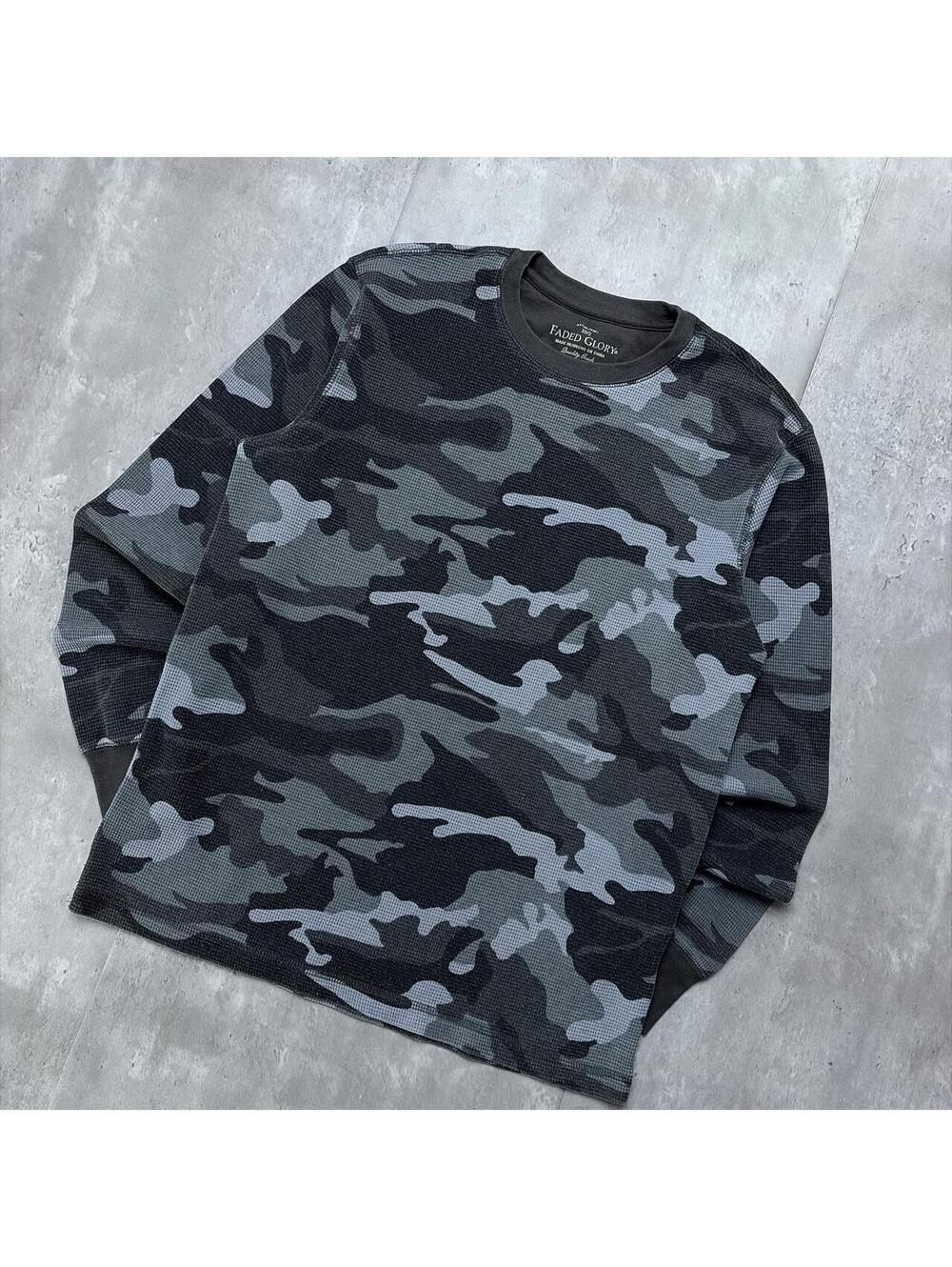 Y2K Grey Faded Glory Grunge Camo Long Sleeve Thermal Shirt - Picture 2 of 7